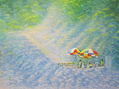Watercolour painting by John Wang - Colourful Umbrellas