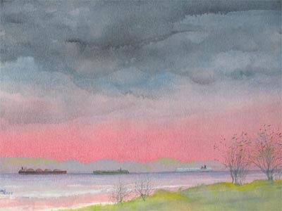 Watercolour painting by John Wang - Rain Clouds Over The Straits Of Singapore