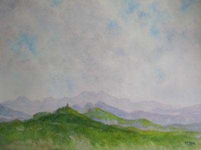 Watercolour painting by John Wang - A Section Of Huangshan, China