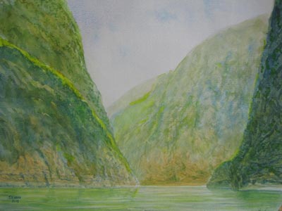 Watercolour painting by John Wang - A Section Of The Lesser 3 Gorges, China
