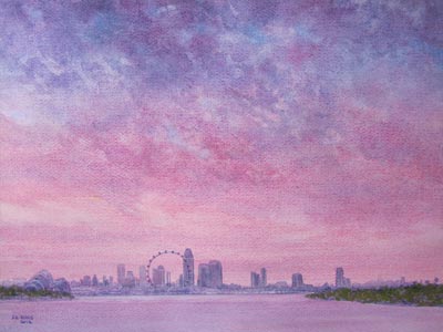 Watercolour painting by John Wang - A View From The Marina Barrage